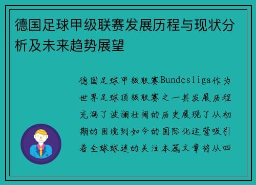 德国足球甲级联赛发展历程与现状分析及未来趋势展望